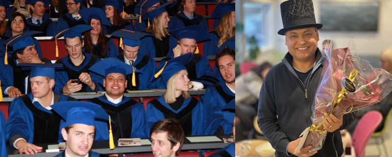 Fra masterseremonien ved BI (til venstre) og overtakelsen av den tradisjonsrike doktorhatten ved Nordlandsforskning. Foto: Privat / Thoralf Fagertun